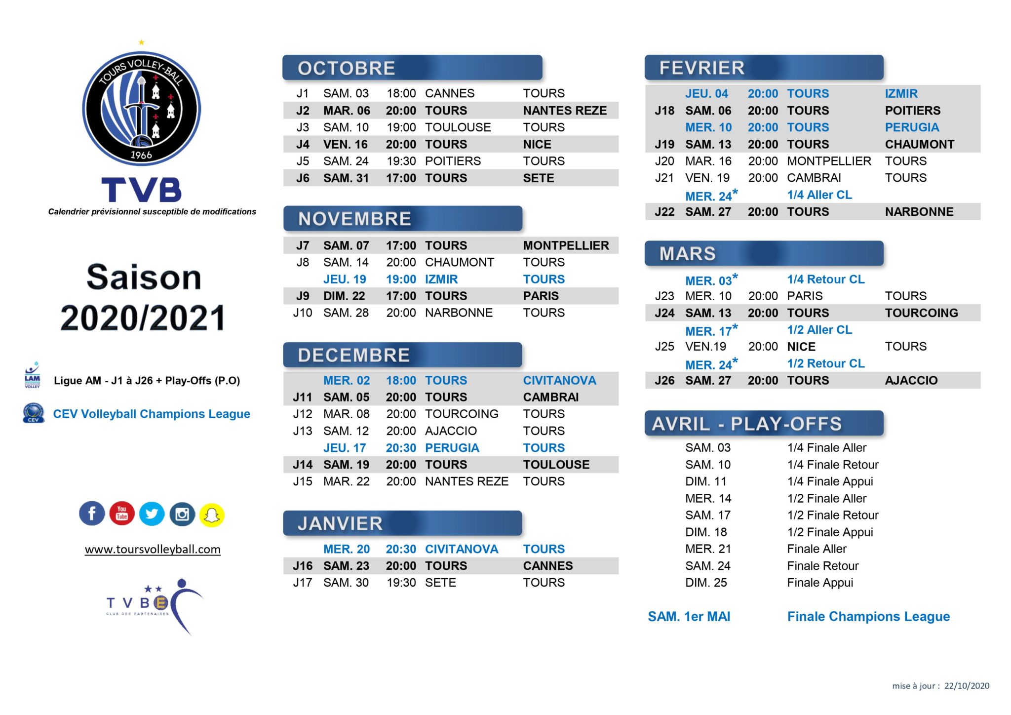 Calendrier V4 – Tours Volley Ball